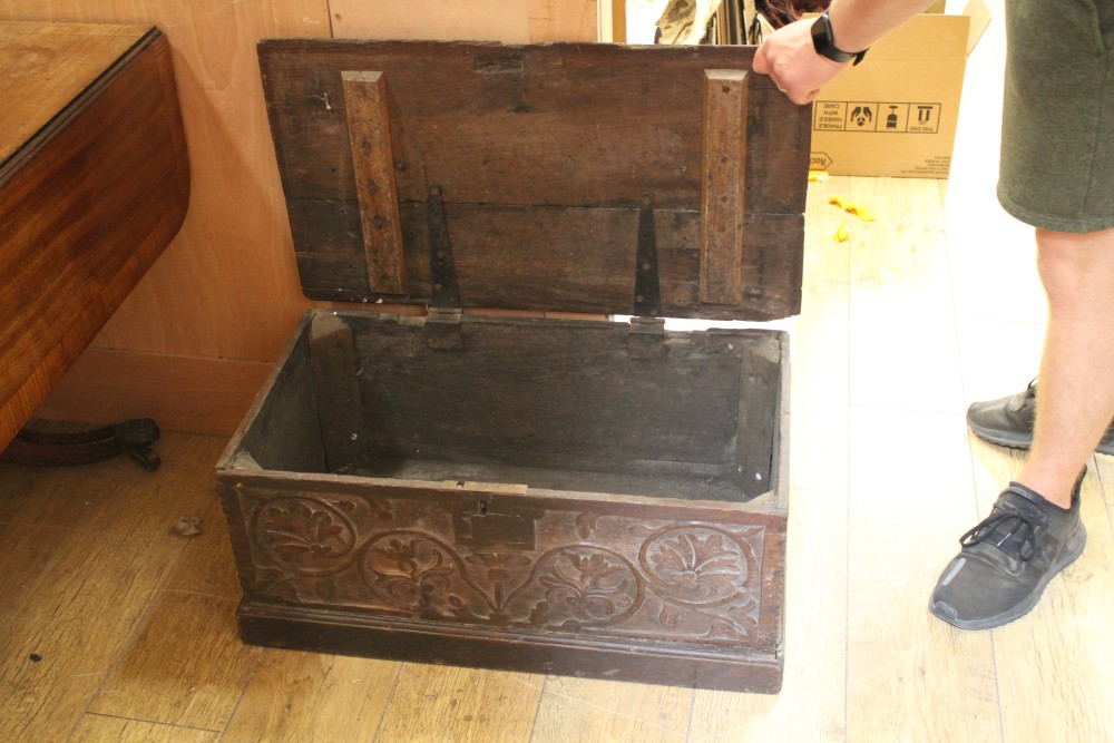 A 17th century and later oak bible box, W.73cm D.40cm H.30cm